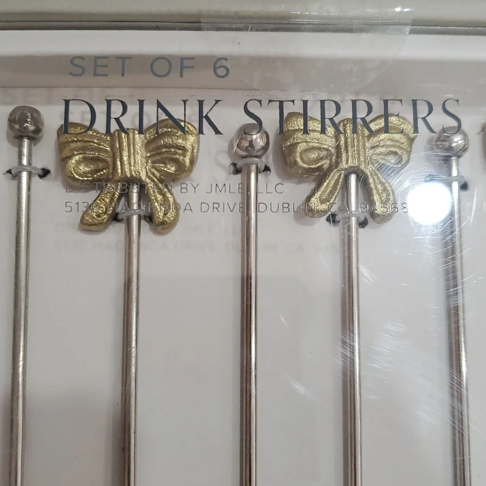 6pack‎ bow topped silver and gold plated cocktail mixed drink stirrers brand new